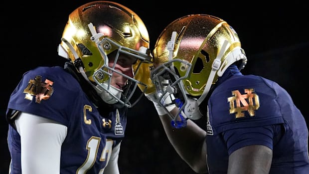Riley Leonard after a Notre Dame touchdown against Indian
