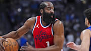 May 3, 2025; Denver, Colorado, USA; LA Clippers guard James Harden (1) prepares to pass the ball in the second quarter against the Denver Nuggets during game seven of first round for the 2025 NBA Playoffs at Ball Arena. Mandatory Credit: Ron Chenoy-Imagn Images