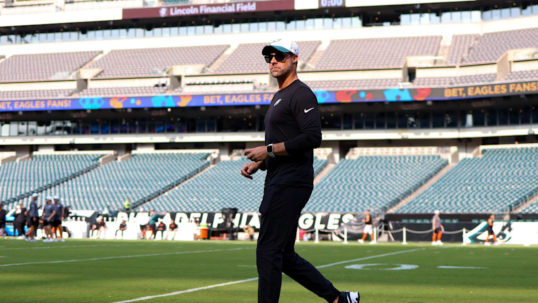 Aug 7, 2025; Philadelphia, Pennsylvania, USA; Philadelphia Eagles offensive coordinator Kevin Patullo before a game against the Cincinnati Bengals at Lincoln Financial Field. Mandatory Credit: Bill Streicher-Imagn Images