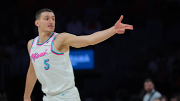 Jan 27, 2025; Miami, Florida, USA; Miami Heat forward Nikola Jovic (5) reacts after scoring against the Orlando Magic during the first quarter at Kaseya Center. Mandatory Credit: Sam Navarro-Imagn Images