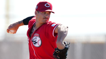 Cincinnati Reds pitcher Chase Petty throws live batting practice during spring training workouts,