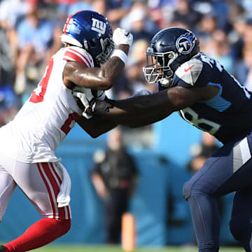 Sep 11, 2022; Nashville, Tennessee, USA; Tennessee Titans offensive tackle Nicholas Petit-Frere (78) blocks against New York Giants safety Xavier McKinney (29) during the first half at Nissan Stadium. Mandatory Credit: Christopher Hanewinckel-Imagn Images