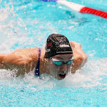 Jun 5, 2025; Indianapolis, Indiana, UNITED STATES; Gretchen Walsh swims in the women’s 100 meter butterfly at the Toyota National Championships swimming meet at Indiana University Natatorium. Mandatory Credit: Robert Goddin-Imagn Images