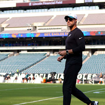 Aug 7, 2025; Philadelphia, Pennsylvania, USA; Philadelphia Eagles offensive coordinator Kevin Patullo before a game against the Cincinnati Bengals at Lincoln Financial Field. Mandatory Credit: Bill Streicher-Imagn Images