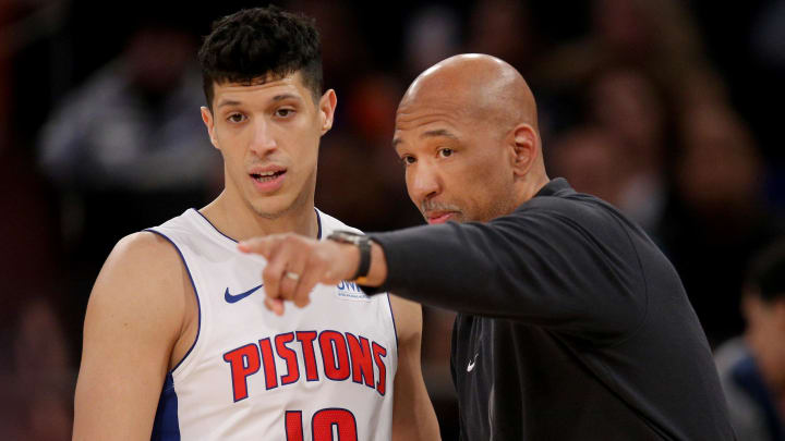 Feb 26, 2024; New York, New York, USA; Detroit Pistons head coach Monty Williams talks to forward Simone Fontecchio (19) during the second quarter against the New York Knicks at Madison Square Garden. Mandatory Credit: Brad Penner-USA TODAY Sports
