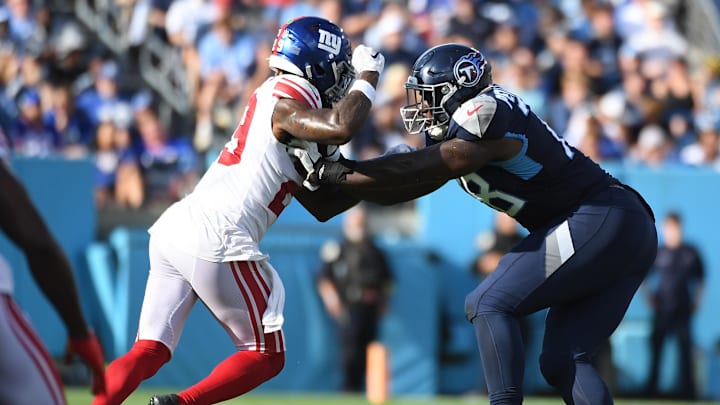 Sep 11, 2022; Nashville, Tennessee, USA; Tennessee Titans offensive tackle Nicholas Petit-Frere (78) blocks against New York Giants safety Xavier McKinney (29) during the first half at Nissan Stadium. Mandatory Credit: Christopher Hanewinckel-Imagn Images