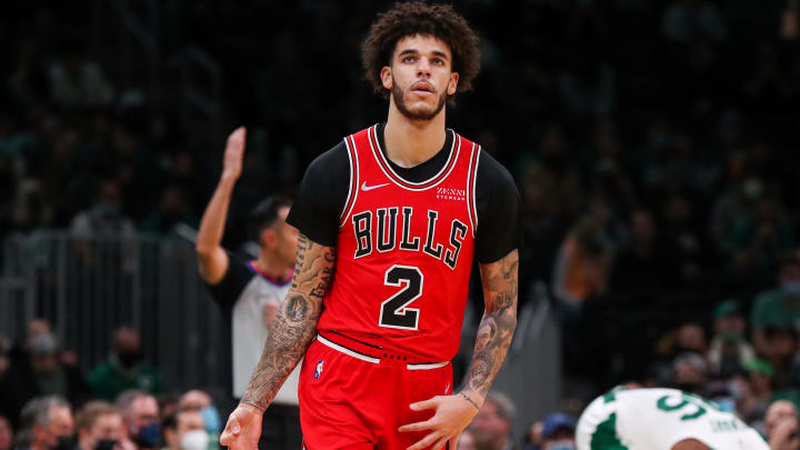 Chicago Bulls guard Lonzo Ball (2) reacts after making a shot during the first half against the Boston Celtics at TD Garden. 