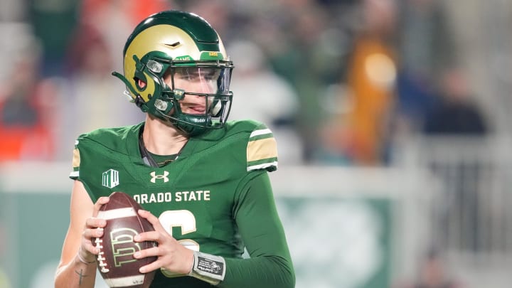 Nov 11, 2023; Fort Collins, Colorado, USA; Colorado State Rams quarterback Brayden Fowler-Nicolosi (16) looks to pass during the second quarter against the San Diego State Aztecs at Sonny Lubick Field at Canvas Stadium. Mandatory Credit: Andrew Wevers-USA TODAY Sports