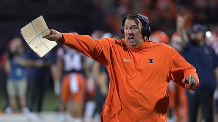 Sep 2, 2023; Champaign, Illinois, USA;  Illinois Fighting Illini head coach Bret Bielema reacts after a play against the Toledo Rockets during the second half at Memorial Stadium. Mandatory Credit: Ron Johnson-USA TODAY Sports