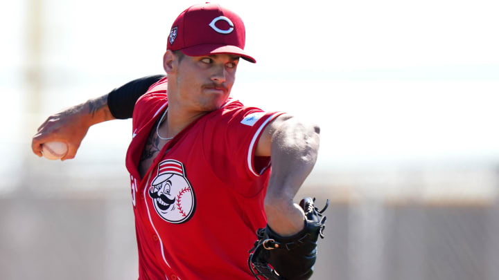 Cincinnati Reds pitcher Chase Petty throws live batting practice during spring training workouts, Thursday, Feb. 22, 2024, at the team   s spring training facility in Goodyear, Ariz.