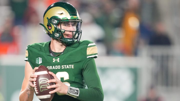 Colorado State quarterback Brayden Fowler-Nicolosi looks to pass during a game against the San Diego State Aztecs at Sonny Lubick Field at Canvas Stadium. 