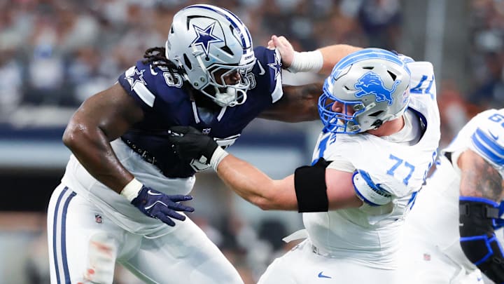 Dallas Cowboys defensive tackle Mazi Smith and Detroit Lions center Frank Ragnow battle during the second quarter. Dallas Cowboys defensive tackle Mazi Smith and Detroit Lions center Frank Ragnow battle during the second quarter.