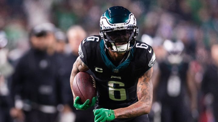 Dec 25, 2023; Philadelphia, Pennsylvania, USA; Philadelphia Eagles wide receiver DeVonta Smith (6) in action against the New York Giants during the second quarter at Lincoln Financial Field. Mandatory Credit: Bill Streicher-USA TODAY Sports