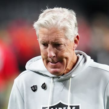 Nov 2, 2025; Paradise, Nevada, USA; Las Vegas Raiders head coach Pete Carroll reacts after the loss against the Jacksonville Jaguars at Allegiant Stadium. Mandatory Credit: Stephen R. Sylvanie-Imagn Images