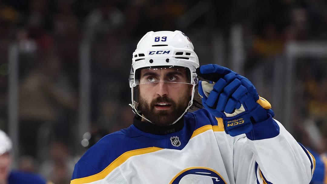 May 1, 2026; Boston, Massachusetts, USA; Buffalo Sabres right wing Alex Tuch (89) points to his goaltender after being congratulated at the bench after scoring against the Boston Bruins during the first period of game six of the first round of the 2026 Stanley Cup Playoffs at TD Garden. Mandatory Credit: Winslow Townson-Imagn Images