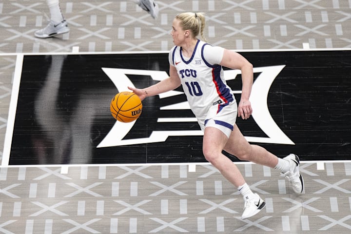 TCU Horned Frogs guard Hailey Van Lith handles the ball against the Baylor Lady Bears.