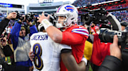 Dec 8, 2019; Orchard Park, NY, USA; Baltimore Ravens quarterback Lamar Jackson (8) greets Buffalo Bills quarterback Josh Allen (17) following the game at New Era Field. Mandatory Credit: Rich Barnes-Imagn Images