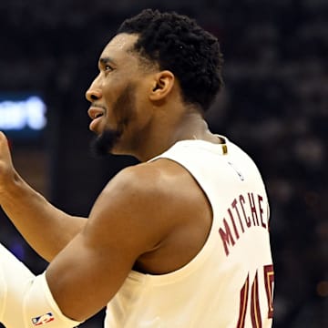 May 11, 2024; Cleveland, Ohio, USA; Cleveland Cavaliers guard Donovan Mitchell (45) celebrates in the second quarter of game three of the second round of the 2024 NBA playoffs against the Boston Celtics at Rocket Mortgage FieldHouse. Mandatory Credit: David Richard-Imagn Images