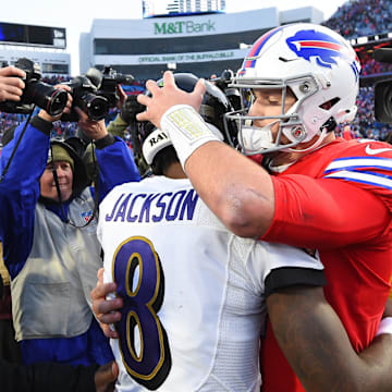Dec 8, 2019; Orchard Park, NY, USA; Baltimore Ravens quarterback Lamar Jackson (8) greets Buffalo Bills quarterback Josh Allen (17) following the game at New Era Field. Mandatory Credit: Rich Barnes-Imagn Images