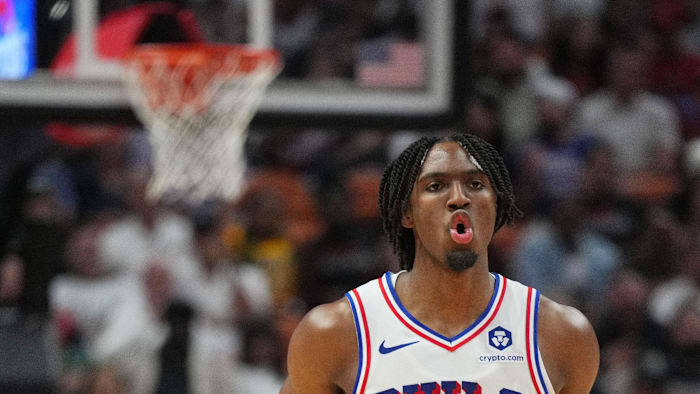 Apr 4, 2024; Miami, Florida, USA;  Philadelphia 76ers guard Tyrese Maxey (0) celebrates a