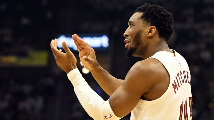 May 11, 2024; Cleveland, Ohio, USA; Cleveland Cavaliers guard Donovan Mitchell (45) celebrates in the second quarter of game three of the second round of the 2024 NBA playoffs against the Boston Celtics at Rocket Mortgage FieldHouse. Mandatory Credit: David Richard-Imagn Images