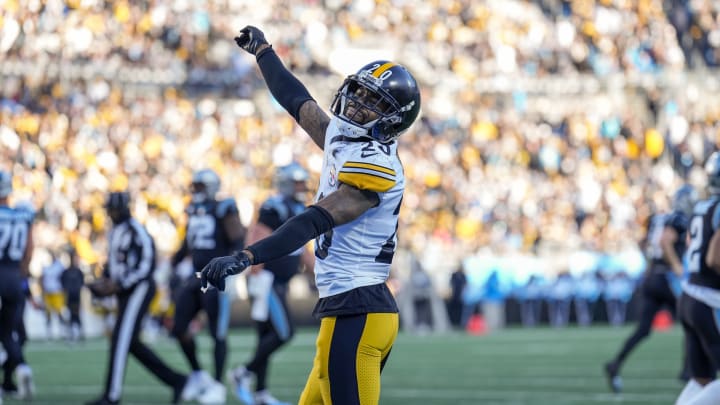 Dec 18, 2022; Charlotte, North Carolina, USA; Pittsburgh Steelers cornerback Cameron Sutton (20) looks back at fans after a red zone stop of the Carolina Panthers during the second half at Bank of America Stadium.  