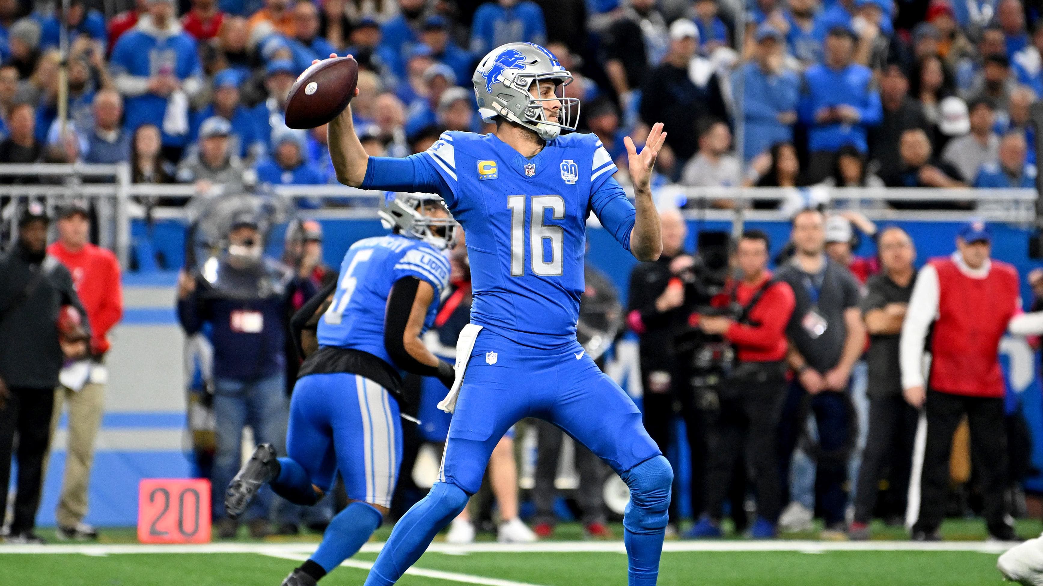 Jan 21, 2024; Detroit, Michigan, USA; Detroit Lions quarterback Jared Goff (16) passes the ball.