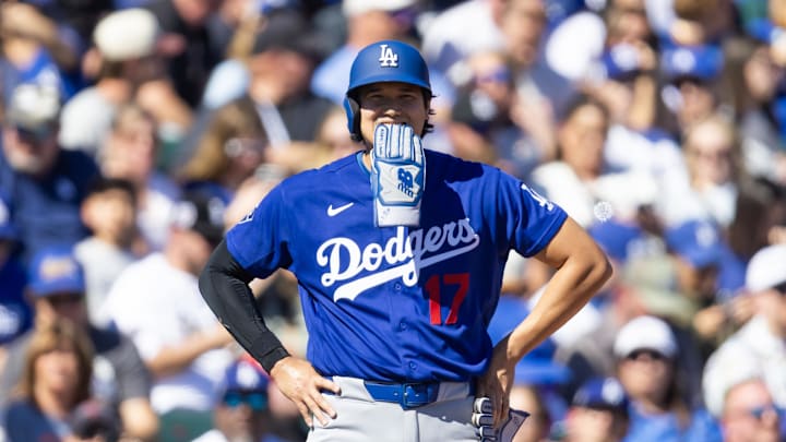 Feb 21, 2026; Tempe, Arizona, USA; Los Angeles Dodgers designated hitter Shohei Ohtani against the Los Angeles Angels during a spring training game at Tempe Diablo Stadium. Mandatory Credit: Mark J. Rebilas-Imagn Images