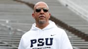 Apr 26, 2025; University Park, PA, USA; Penn State Nittany Lions head coach James Franklin prior to the Blue White spring game at Beaver Stadium. Mandatory Credit: Matthew O'Haren-Imagn Images