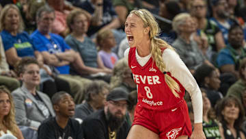 Indiana Fever guard Sophie Cunningham celebrates after making a three-pointer against the Minnesota Lynx in the second half during the Commissioner's Cup final at Target Center.