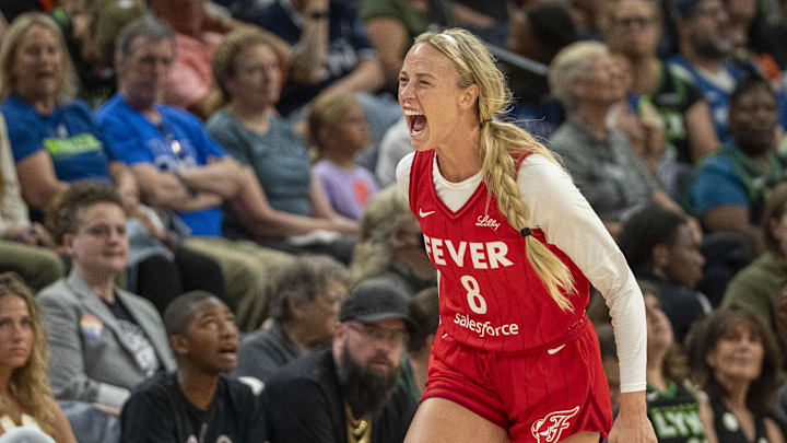 Indiana Fever guard Sophie Cunningham celebrates after making a three-pointer against the Minnesota Lynx in the second half during the Commissioner's Cup final at Target Center.