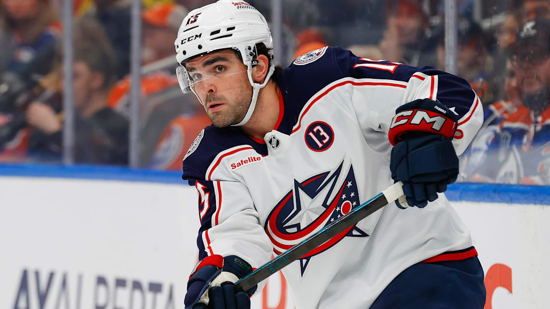 Nov 23, 2024; Edmonton, Alberta, CAN; Columbus Blue Jackets defensemen Dante Fabbro (15) makes a pass against the Edmonton Oilers at Rogers Place. Mandatory Credit: Perry Nelson-Imagn Images