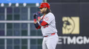 Jun 5, 2024; Houston, Texas, USA; St. Louis Cardinals shortstop Brandon Crawford (35) reacts after hitting a double during the third inning against the Houston Astros at Minute Maid Park. Troy Taormina-USA TODAY Sports