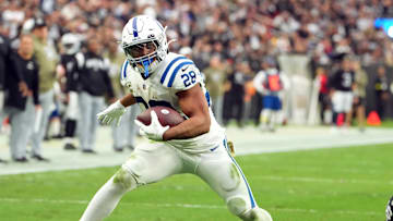 Nov 13, 2022; Paradise, Nevada, USA; Indianapolis Colts running back Jonathan Taylor (28) gains