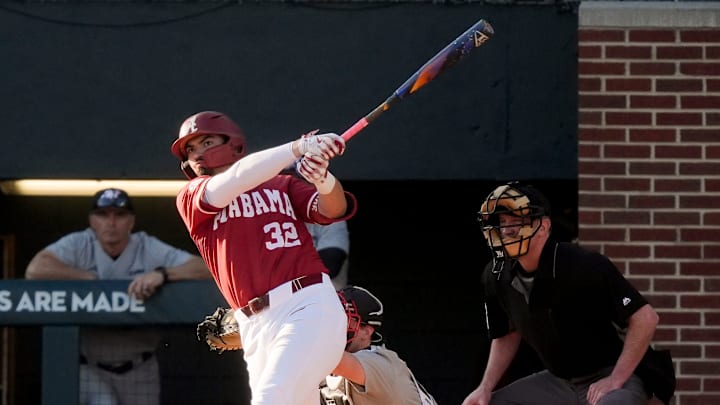 Feb 25, 2025; Tuscaloosa, AL, USA; Alabama batter Jason Torres connects with a pitch against Jacksonville State at Sewell-Thomas Stadium.