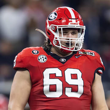 Jan 9, 2023; Inglewood, CA, USA; Georgia Bulldogs offensive lineman Tate Ratledge (69) against the TCU Horned Frogs during the CFP national championship game at SoFi Stadium. Mandatory Credit: Mark J. Rebilas-Imagn Images