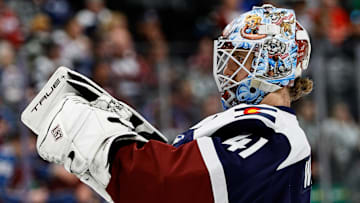Mar 16, 2025; Denver, Colorado, USA; Colorado Avalanche goaltender Scott Wedgewood (41) in the first period against the Dallas Stars at Ball Arena. Mandatory Credit: Isaiah J. Downing-Imagn Images
