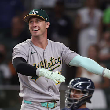 National League designated hitter Brent Rooker (25) of the Athletics reacts in the home run swing off tiebreaker during the 2025 MLB All Star Game at Truist Park.