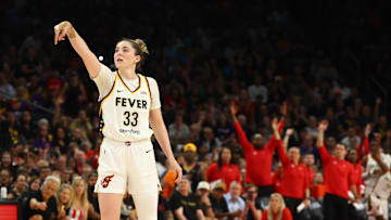 Jun 30, 2024; Phoenix, Arizona, USA; Indiana Fever forward Katie Lou Samuelson (33) against the Phoenix Mercury during a WNBA game at Footprint Center. Mandatory Credit: Mark J. Rebilas-Imagn Images