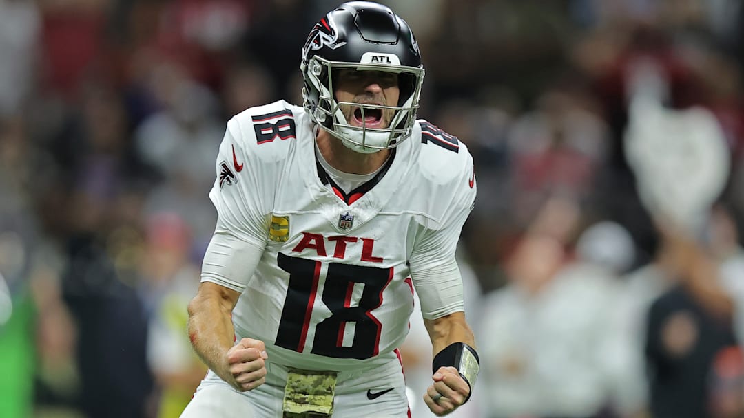 Atlanta Falcons QB Kirk Cousins (18) celebrates after a big play against the New Orleans Saints on Nov. 10, 2024.