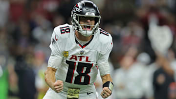 Atlanta Falcons QB Kirk Cousins (18) celebrates after a big play against the New Orleans Saints on Nov. 10, 2024.