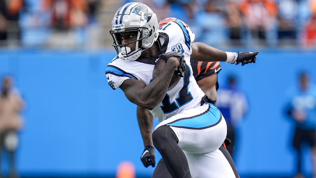 Sep 29, 2024; Charlotte, North Carolina, USA; Carolina Panthers wide receiver Xavier Legette (17) makes a catch against the Cincinnati Bengals during the fourth quarter at Bank of America Stadium. Mandatory Credit: Jim Dedmon-Imagn Images