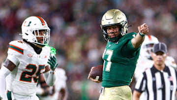 Sep 21, 2024; Tampa, Florida, USA; South Florida Bulls quarterback Byrum Brown (17) reacts after a play against the Miami Hurricanes in the third quarter  at Raymond James Stadium. Mandatory Credit: Nathan Ray Seebeck-Imagn Images