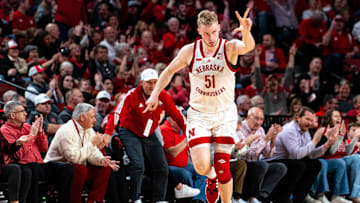 Nebraska Cornhuskers forward Rienk Mast (51) celebrates after a 3-point shot against the Ohio State Buckeyes during the second half at Pinnacle Bank Arena. 