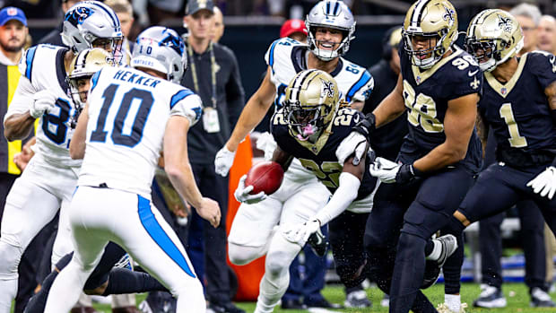 New Orleans Saints wide receiver Rashid Shaheed (22) returns a punt against the Carolina Panthers 