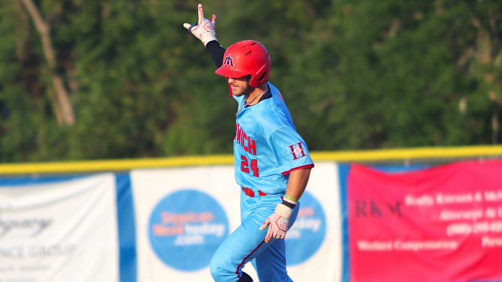 The Harwich Mariners' Aiden Robbins (Seton Hall) celebrates after hitting a home run during a Cape Cod Baseball League game against the Wareham Gatemen on July 16, 2025.