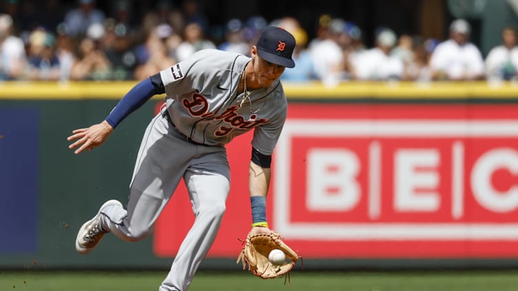 Jul 16, 2023; Seattle, Washington, USA; Detroit Tigers third baseman Nick Maton (9) fields a groundball in return to big leagues.