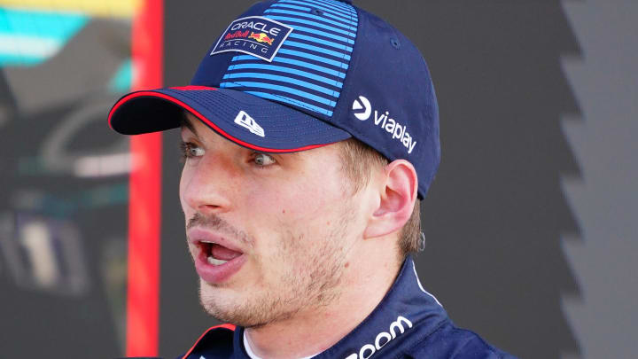 May 4, 2024; Miami Gardens, Florida, USA; Red Bull Racing driver Max Verstappen (1) after qualifying P1 for the Miami Grand Prix at Miami International Autodrome. Mandatory Credit: John David Mercer-USA TODAY Sports