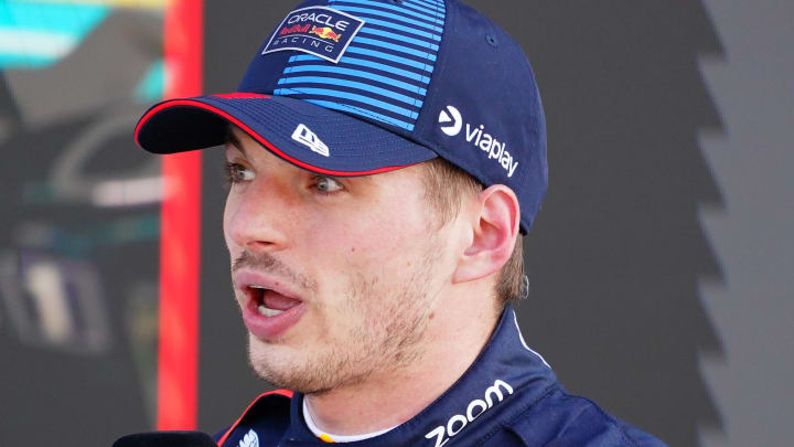 May 4, 2024; Miami Gardens, Florida, USA; Red Bull Racing driver Max Verstappen (1) after qualifying P1 for the Miami Grand Prix at Miami International Autodrome. Mandatory Credit: John David Mercer-USA TODAY Sports