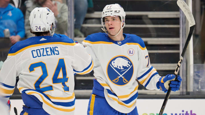 Jan 27, 2024; San Jose, California, USA; Buffalo Sabres right wing JJ Peterka (77) celebrates with center Dylan Cozens (24) after scoring a goal against the San Jose Sharks during the third period at SAP Center at San Jose. Mandatory Credit: Robert Edwards-USA TODAY Sports